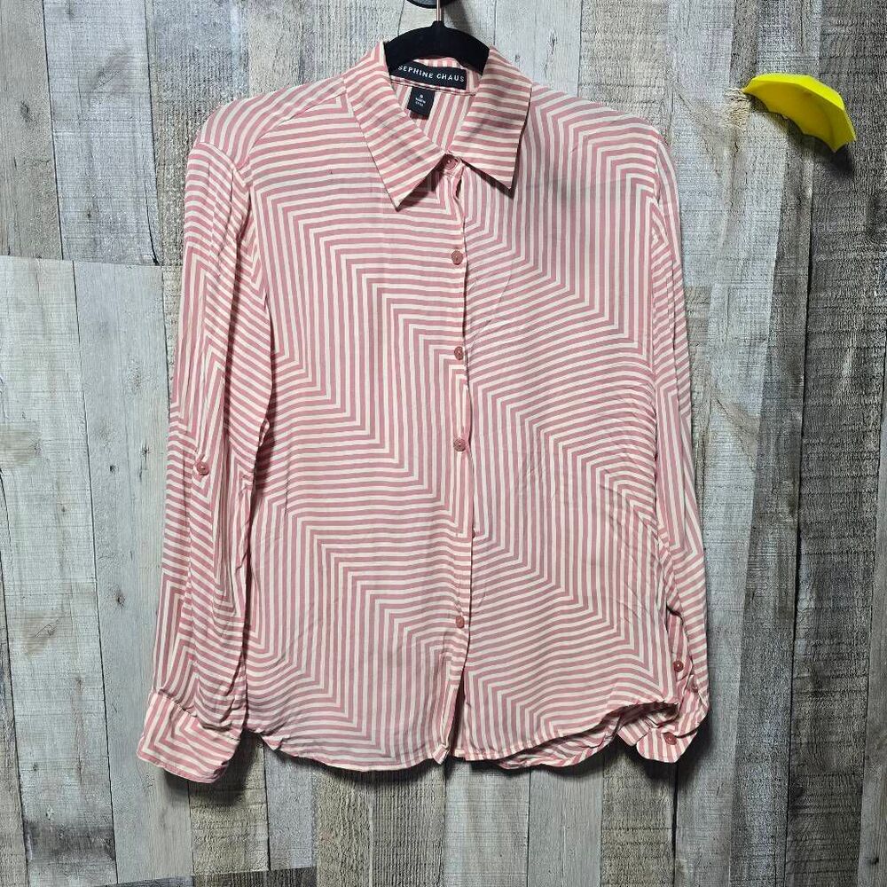Josephine Chaus Pink Cream Stripe Silk Button Up Shirt 8 Designer Luxury Office